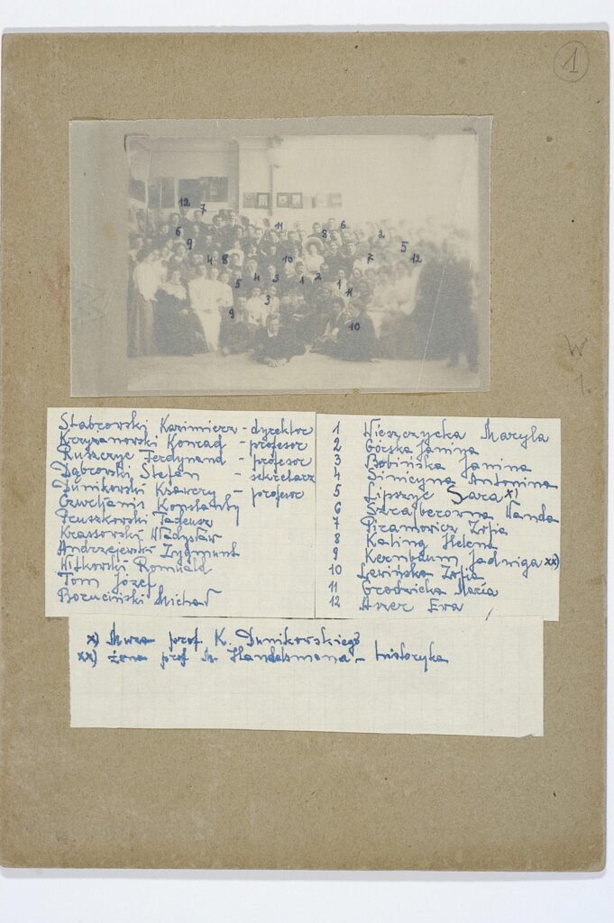 Zdjęcie z Warszawskiej Szkoły Sztuk Pięknych – profesorowie i studenci, około 1904 roku. Poniżej zdjęcia lista nazwisk, nazwisko Ewy Aszer opatrzone numerem 12.