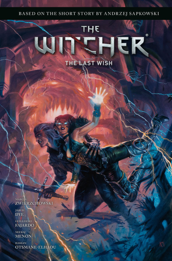 Okładka komiksowej adaptacji odpowiadania Andrzej Sapkowskiego pod tytułem „The Witcher. The Last Wish”, scenariusz: A. Sapkowski, M. Zwierzchowski, rysunki: G. Fajardo, N. Menon, proj. okładki: K. Carpenter, Milwaukie: Dark Horse Comics, 2025.