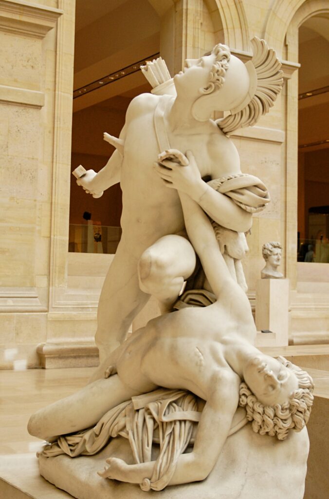 Jean-Baptiste Roman (1792–1835), „Nisus and Euryalus”, Marble, exhibited at the 1827 Salon. A plaster model was exhibited at the 1822 Salon, Room 105, Cour Puget, Richelieu Wing, Louvre Palace, 1st arrondissement of Paris, Paris Centre, Paris, Grand Paris, Île-de-France, Owned by French State, Collection: Department of Sculptures of the Louvre, Photo: © Marie-Lan Nguyen (user: Jastrow) / Wikimedia Commons.